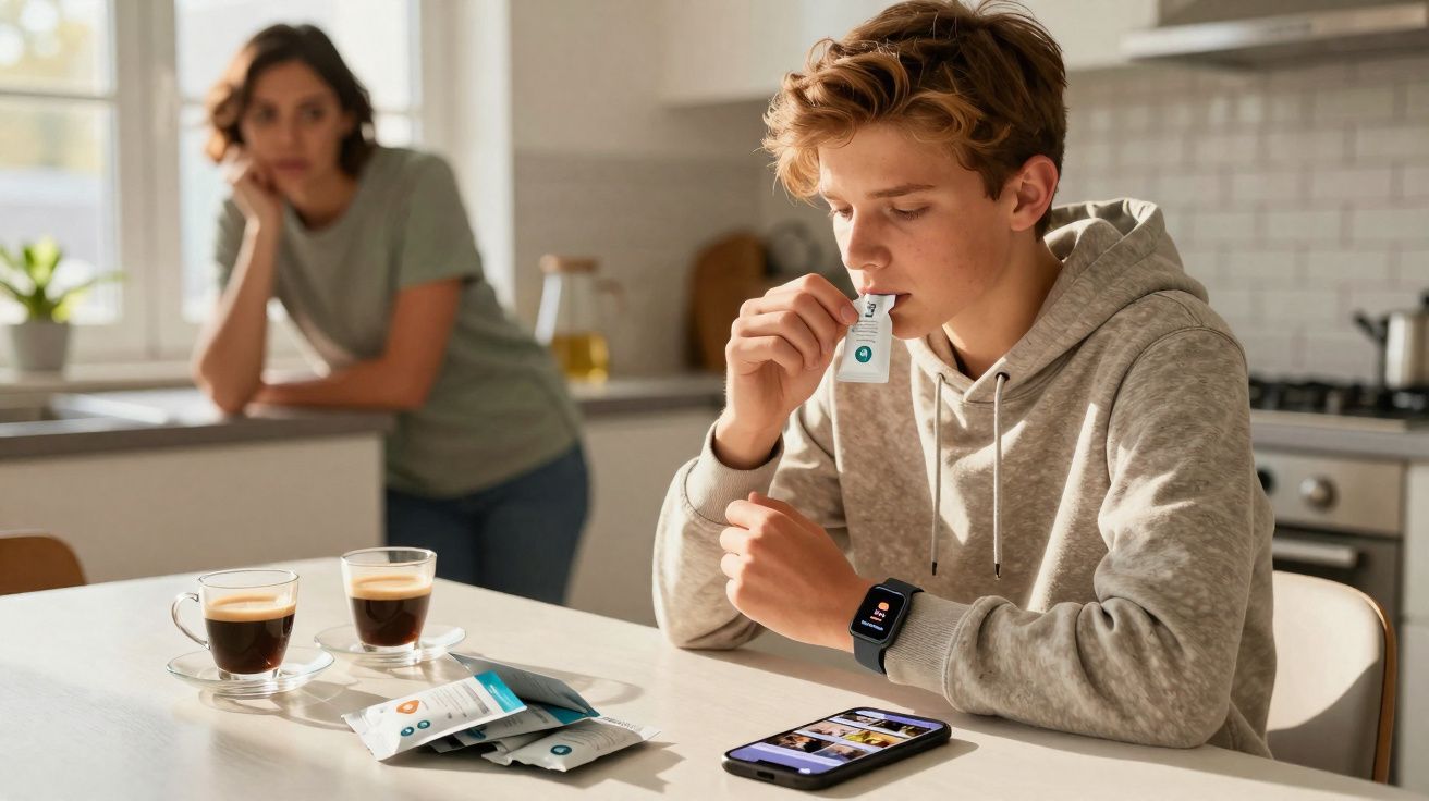 Jovem tomando suplemento em sachê na cozinha, com mulher ao fundo e dois cafés na mesa.