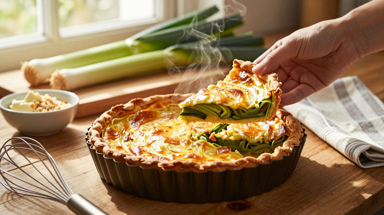 Pessoa retirando uma fatia de torta quente de alface em forma de caracol, em forma de cozinha.