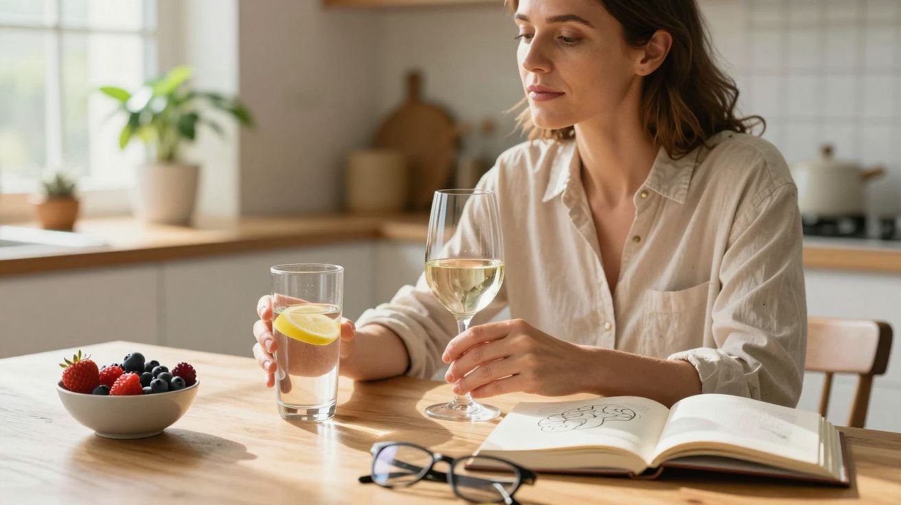 Mulher sentada à mesa segurando copo com limão e taça de vinho, ao lado de livro aberto e tigela de frutas.