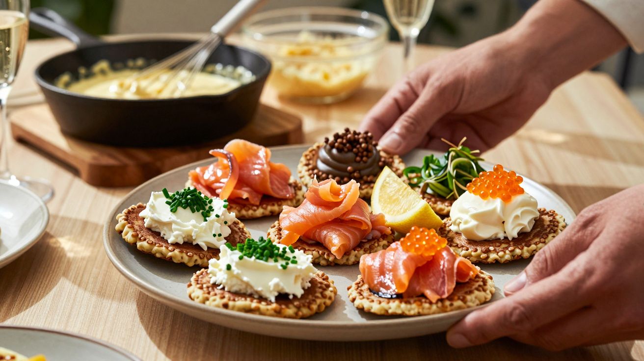 Mãos segurando prato com canapés variados, incluindo salmão, cream cheese e ovas, sobre mesa de madeira.