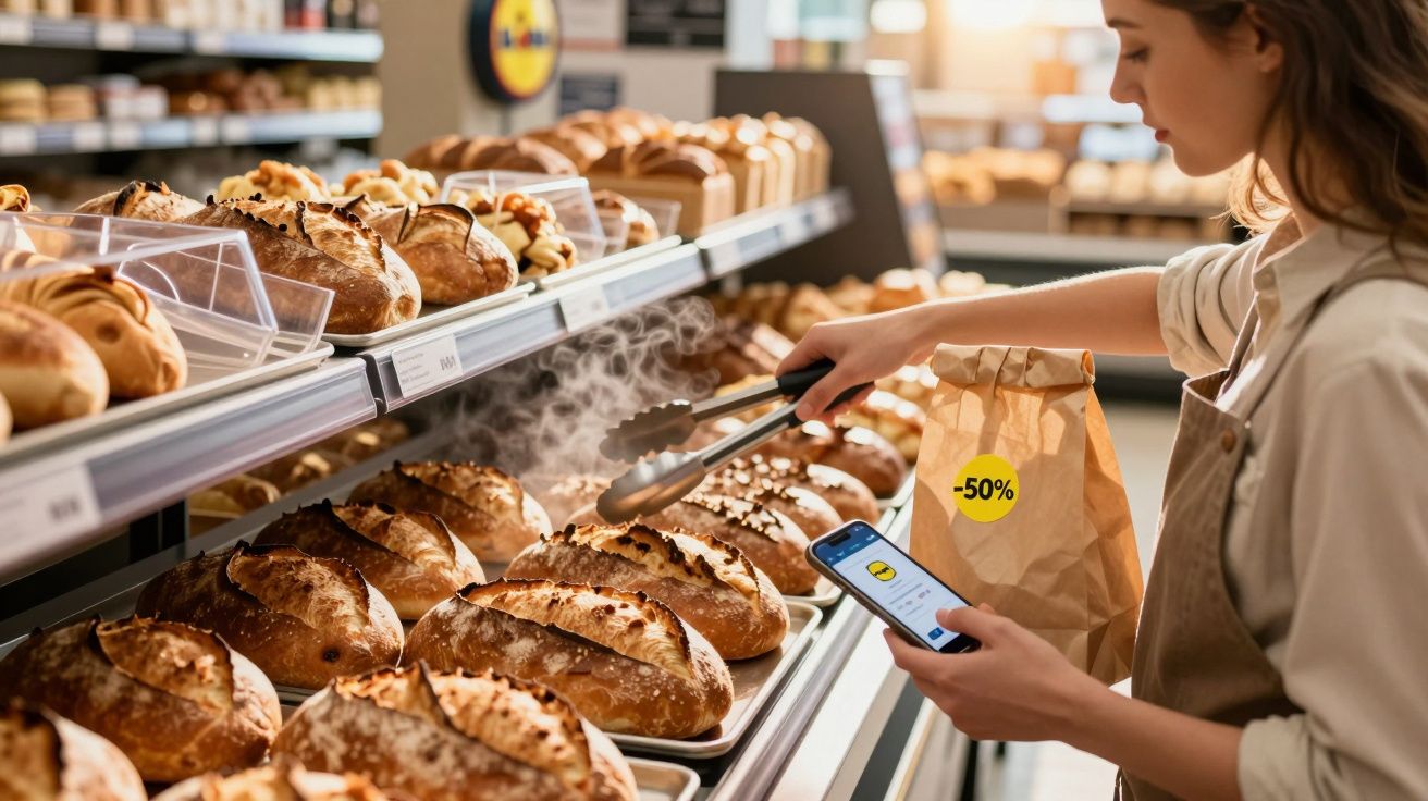 Mulher pegando pão quente com pegador no supermercado, com sacola de papel e celular na mão.