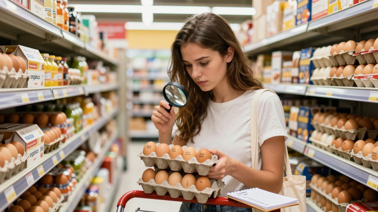 Mulher analisa ovos com lupa em corredor de supermercado enquanto segura bandejas sobre carrinho de compras.