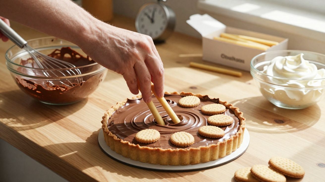 Pessoa decorando torta de chocolate com biscoitos em bancada de cozinha iluminada pelo sol.