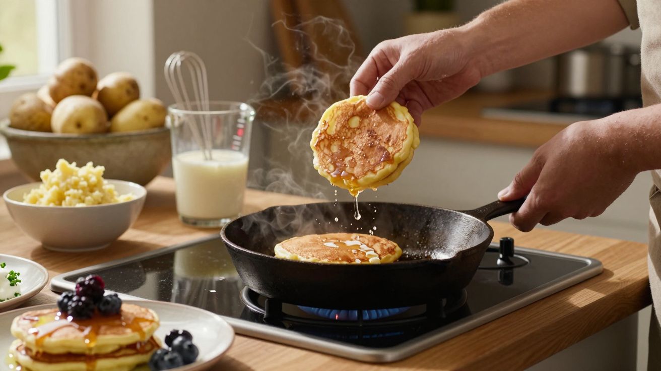 Pessoa segurando panqueca quente com mel sobre frigideira em fogão, com ingredientes e prato ao fundo.