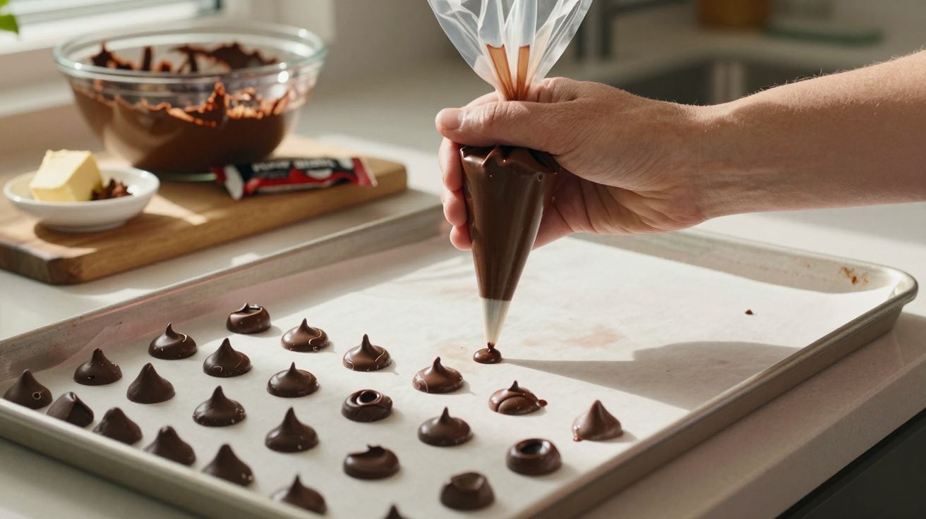 Mão usando saco de confeitar para formar gotas de chocolate em forma de gota sobre papel manteiga em assadeira.