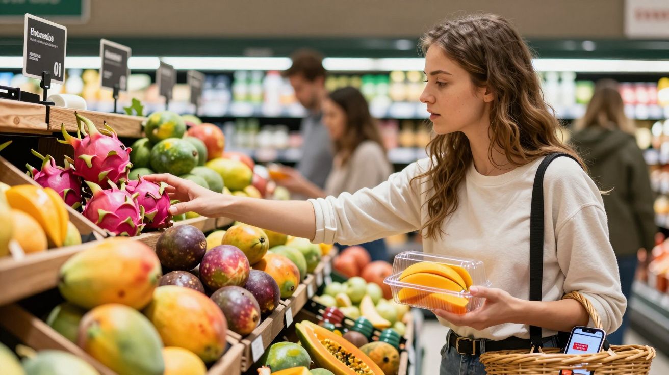 Mulher jovem escolhendo frutas frescas na seção de hortifrúti de um supermercado.