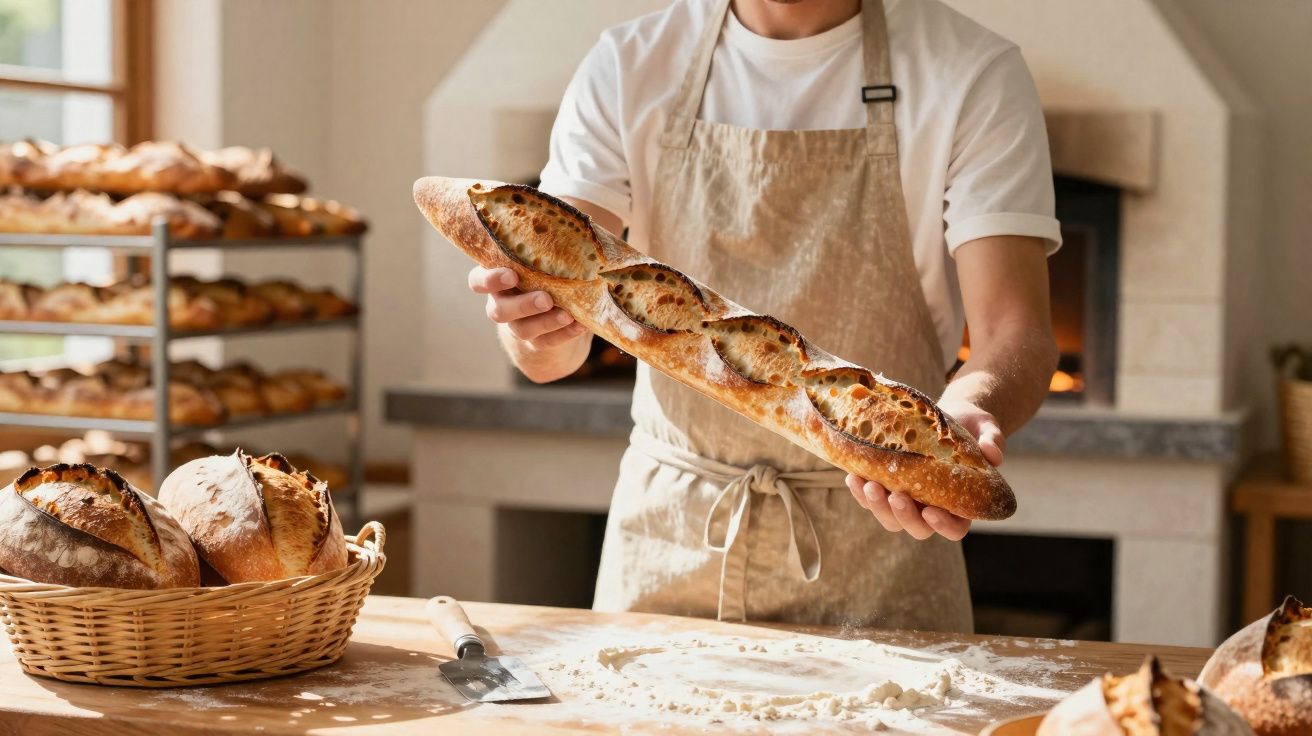 Pessoa segurando baguete de pão recém-assado em padaria com cesta de pães e forno ao fundo.
