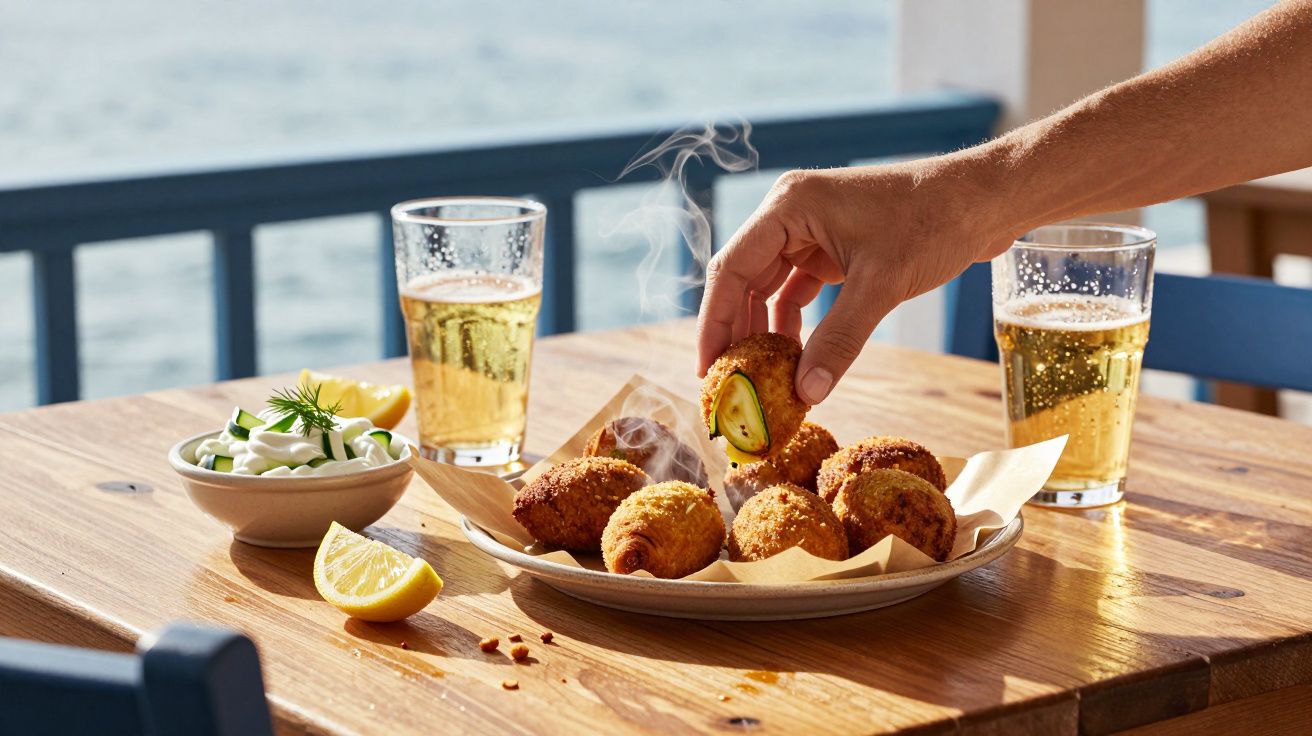 Mão pegando bolinho frito recheado, com dois copos de cerveja, molho branco e pedaços de limão sobre mesa de madeira.