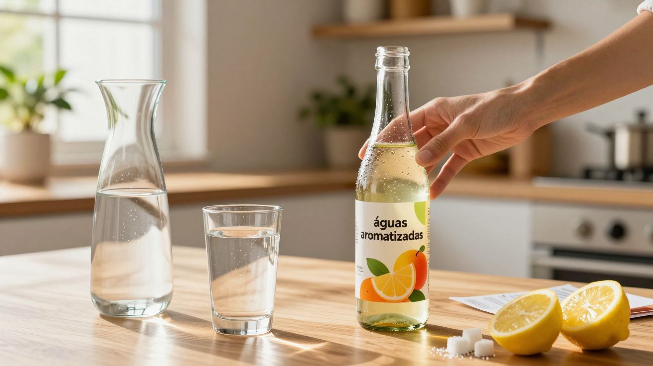 Mão segurando garrafa de água aromatizada, copo com água, jarra e limões cortados em bancada de cozinha.