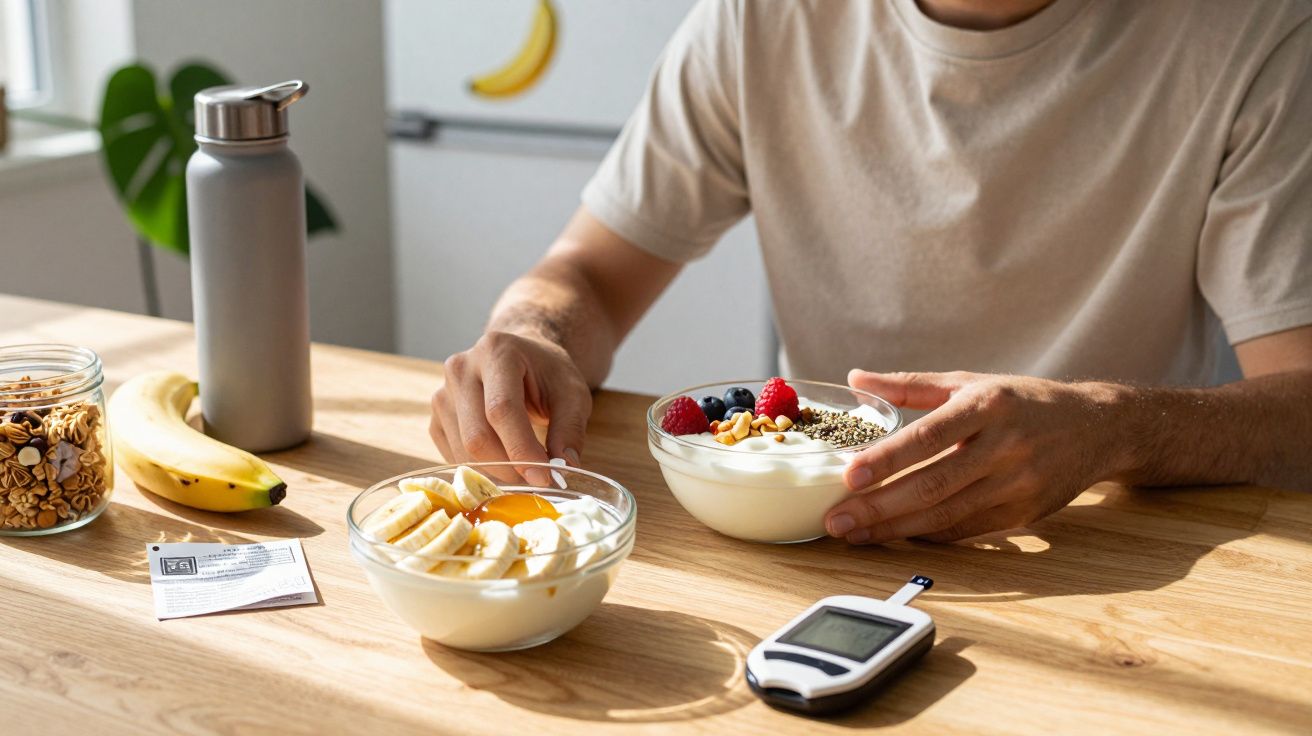 Pessoa segurando tigela de iogurte com frutas e sementes, mesa com comida saudável e aparelho de medição.