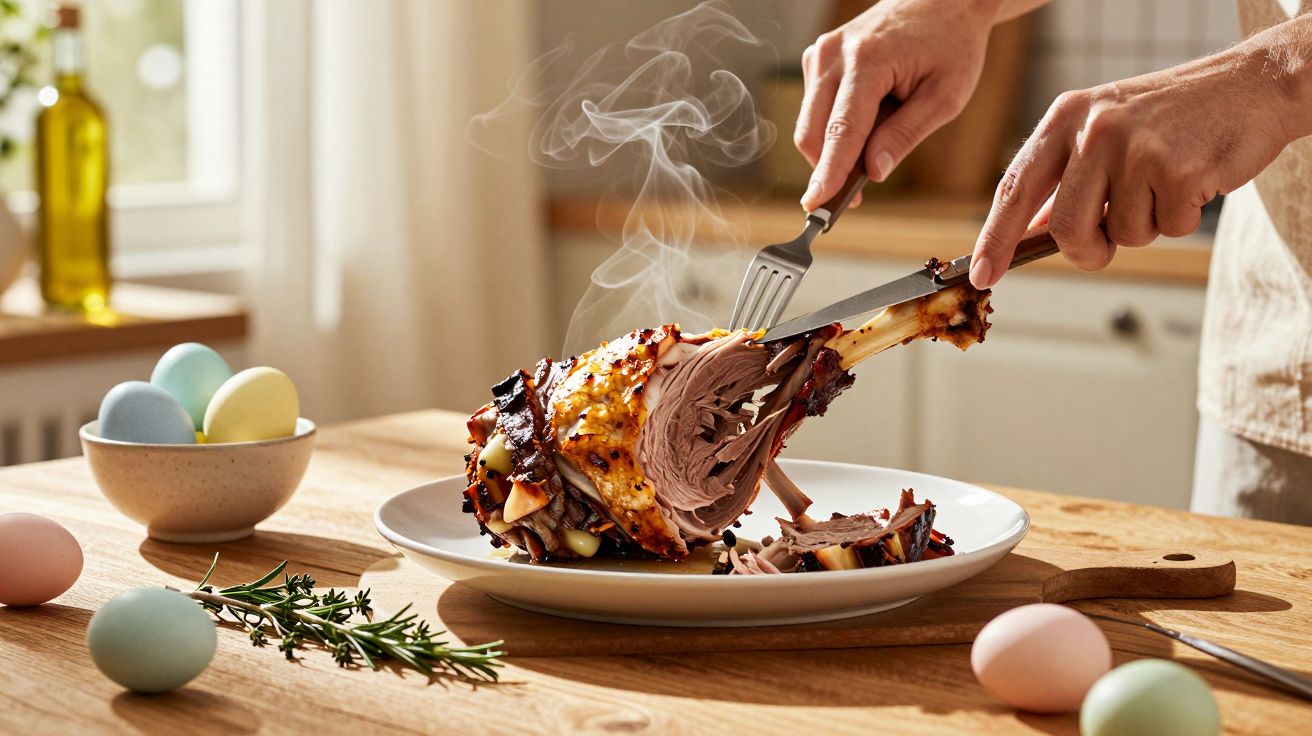 Pessoa cortando pernil de cordeiro quente e suculento em prato branco na cozinha iluminada.