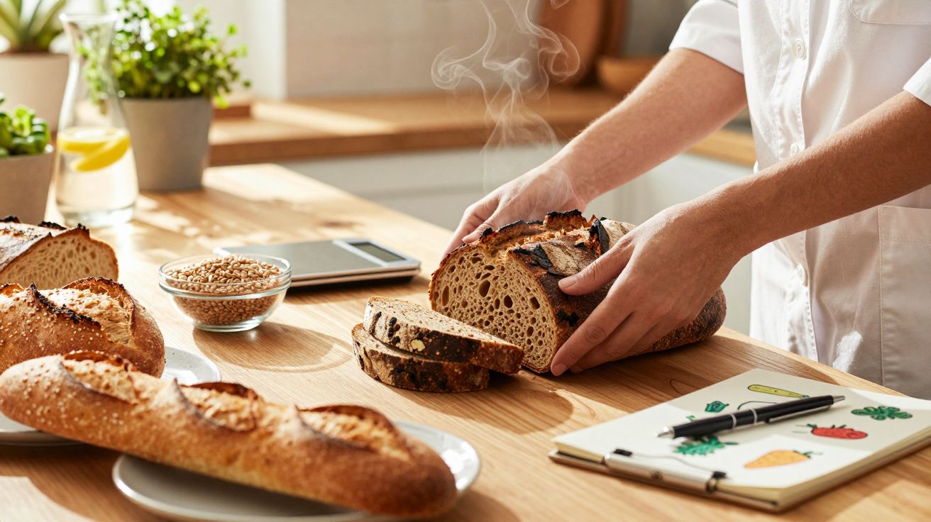 Pessoa fatiando pão artesanal quente em bancada de madeira com caderno, sementes e pães variados.