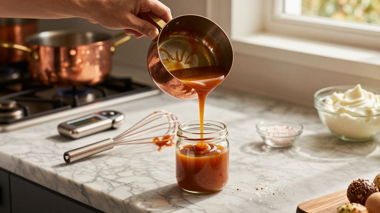 Mão derramando doce de leite de panela de cobre para pote de vidro em bancada de cozinha clara.