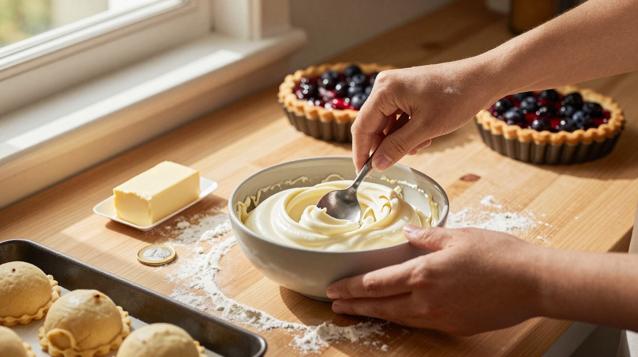 Mãos mexendo creme em tigela, perto de manteiga, tortas com frutas vermelhas e massa no balcão de madeira.