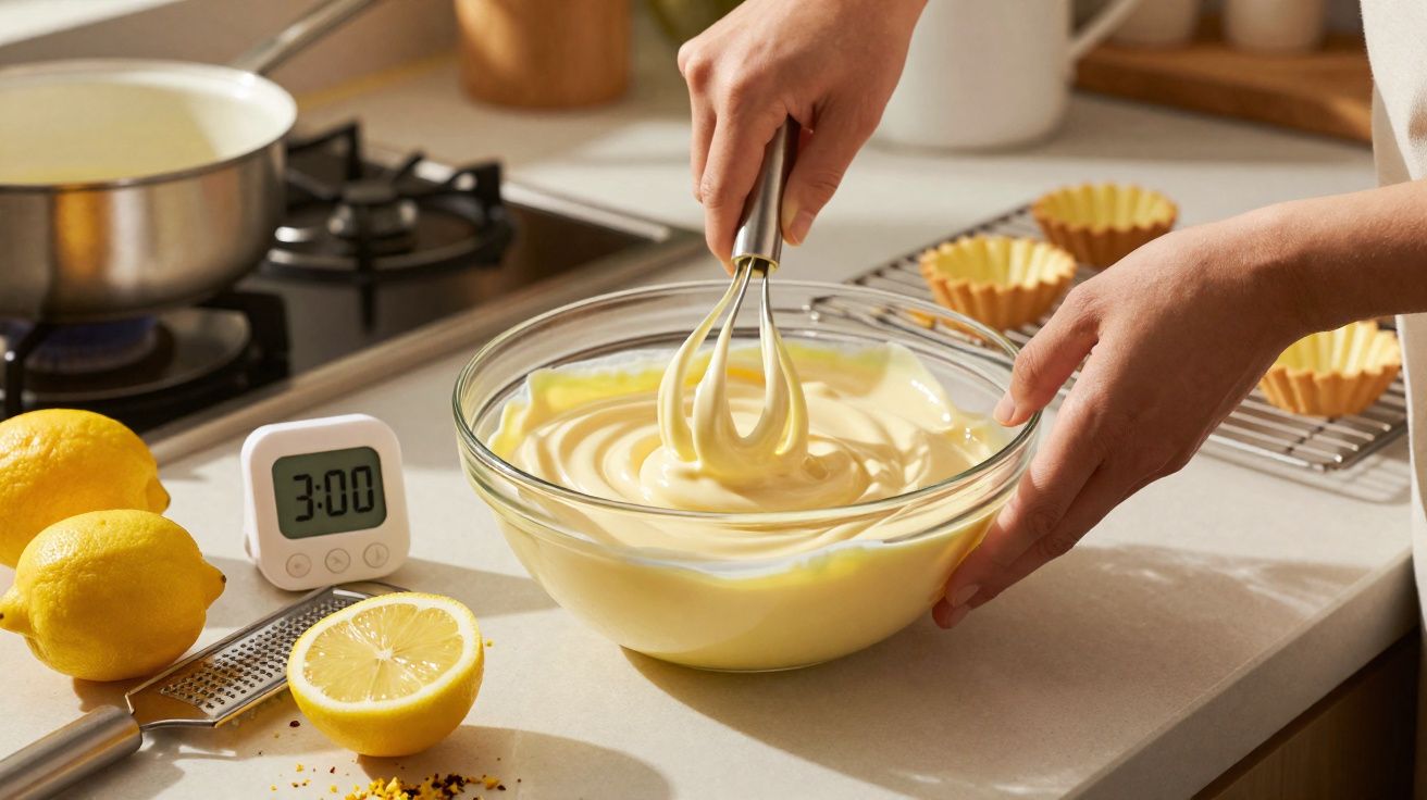 Pessoa mexendo creme amarelo com batedor em tigela de vidro na bancada da cozinha.
