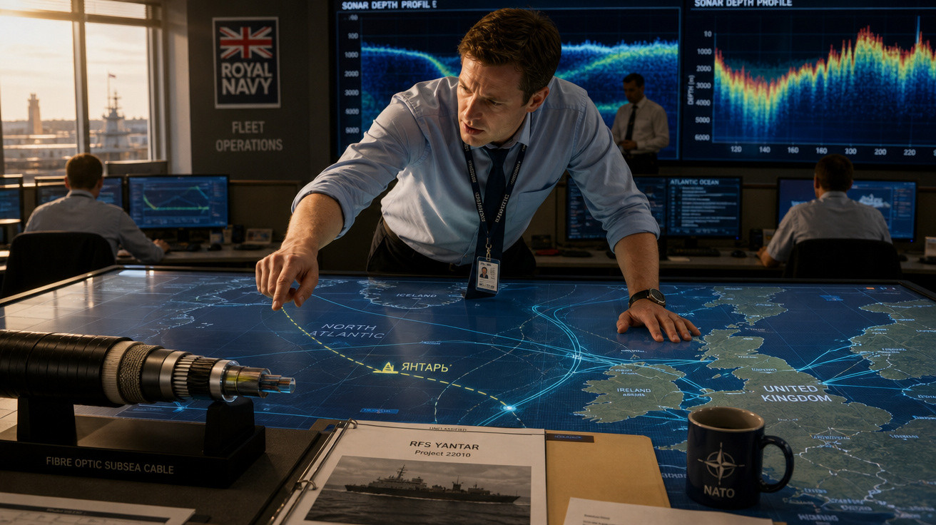 Homem analisando mapa interativo da frota naval em sala de operações da Marinha Real Britânica.