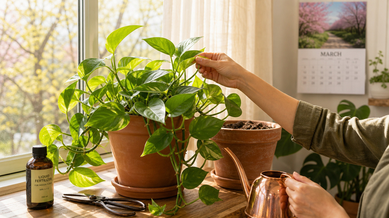 Pessoa cuidando de planta verde em vaso de cerâmica perto da janela com regador e fertilizante líquido.