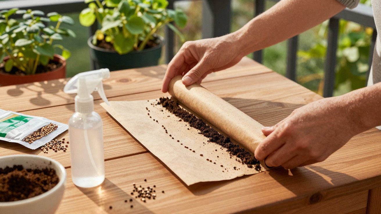 Mãos enrolando papel com terra e sementes para cultivo em mesa com plantas e regador ao fundo.