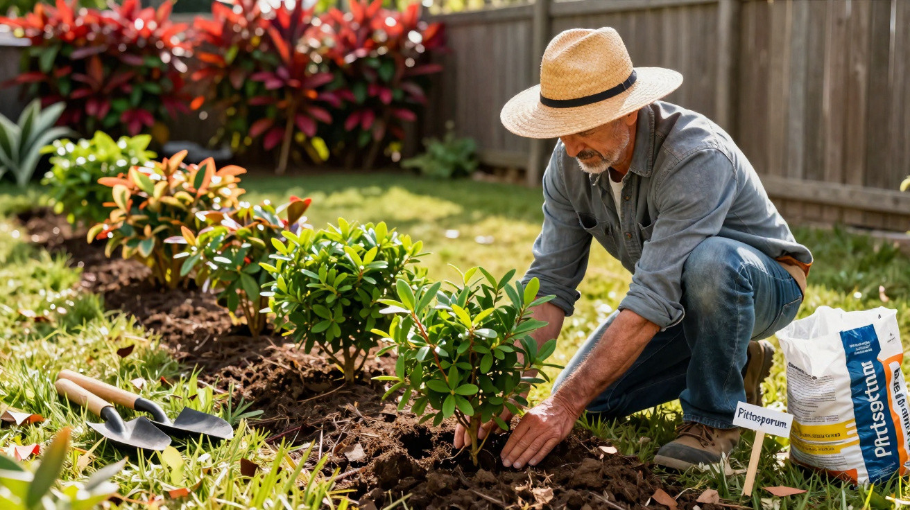 Homem de chapéu plantando arbustos em canteiro de jardim com ferramentas e saco de adubo ao lado.
