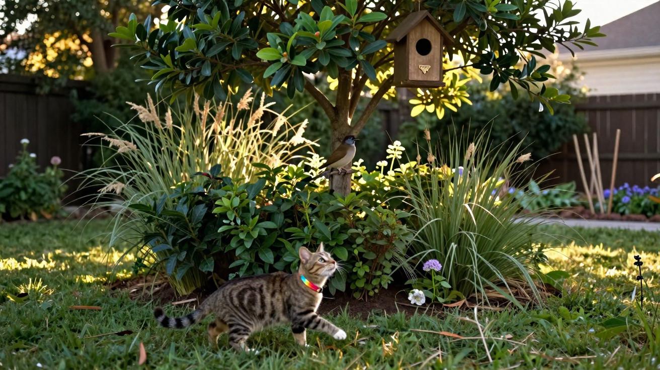 Gato olhando para um pássaro em arbusto com casinha de passarinho em jardim ensolarado.