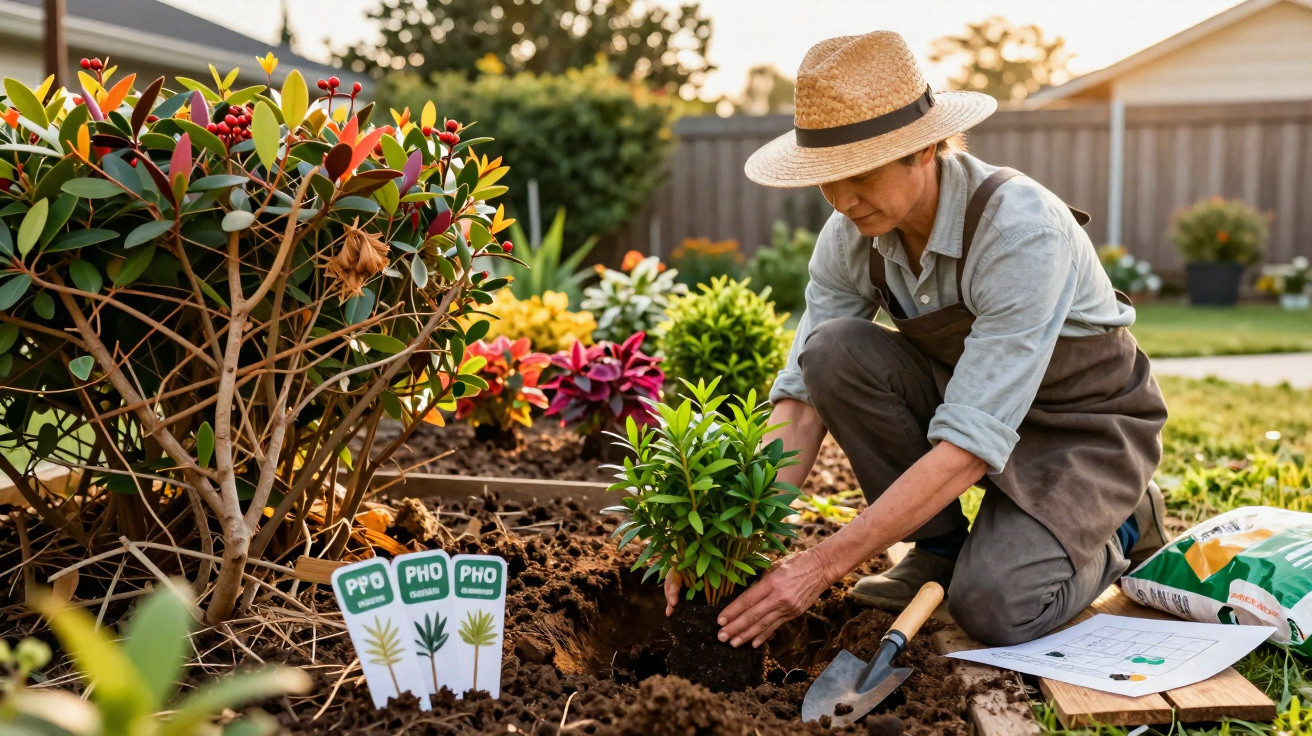 Pessoa com chapéu plantando muda em jardim com várias plantas e ferramentas ao redor.