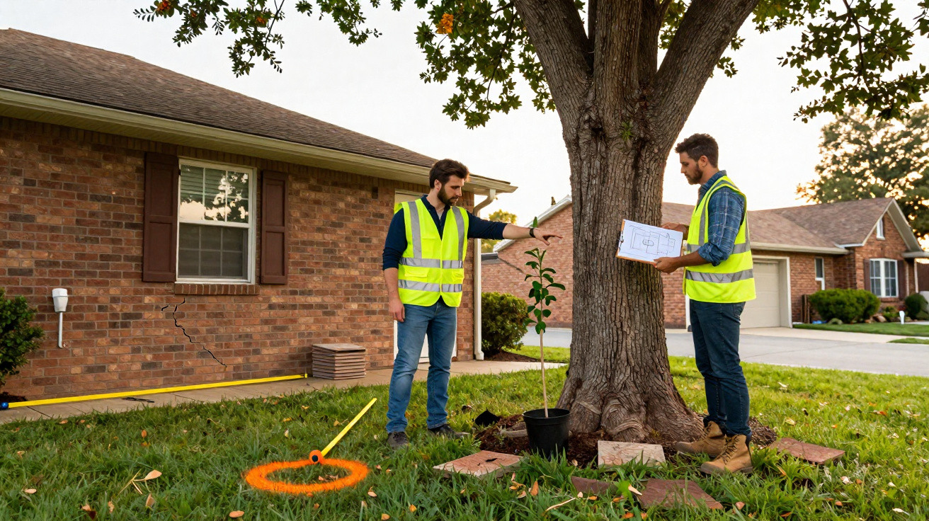 Dois homens com coletes refletivos analisam planta para jardinagem próxima a casa de tijolos e árvore grande.