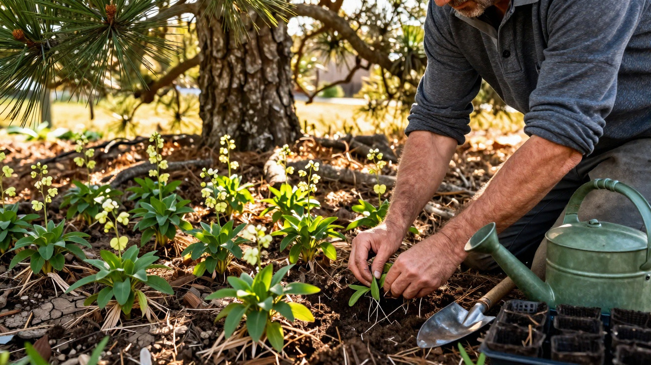 Pessoa plantando mudas ao lado de regador, pá e vasos pequenos em área de jardim com árvore ao fundo.