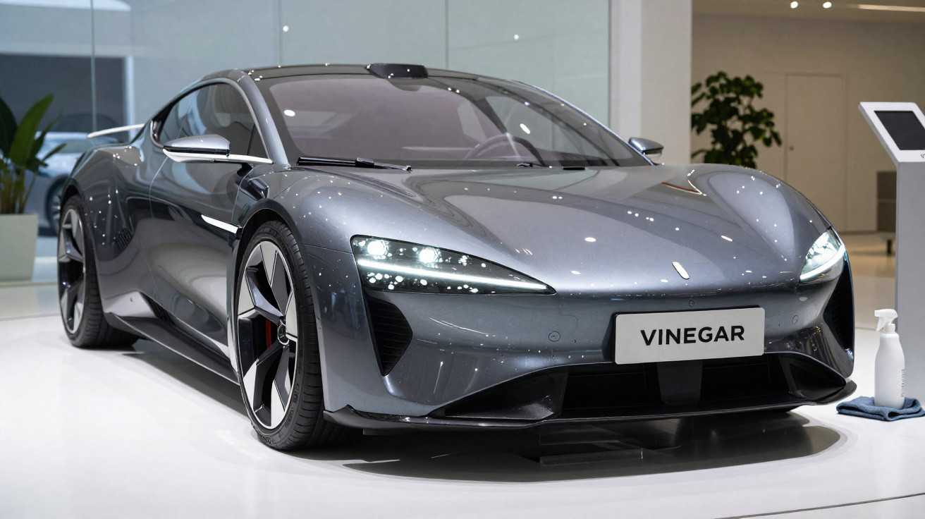 Carro esportivo cinza prata elétrico exposto em ambiente moderno e iluminado.