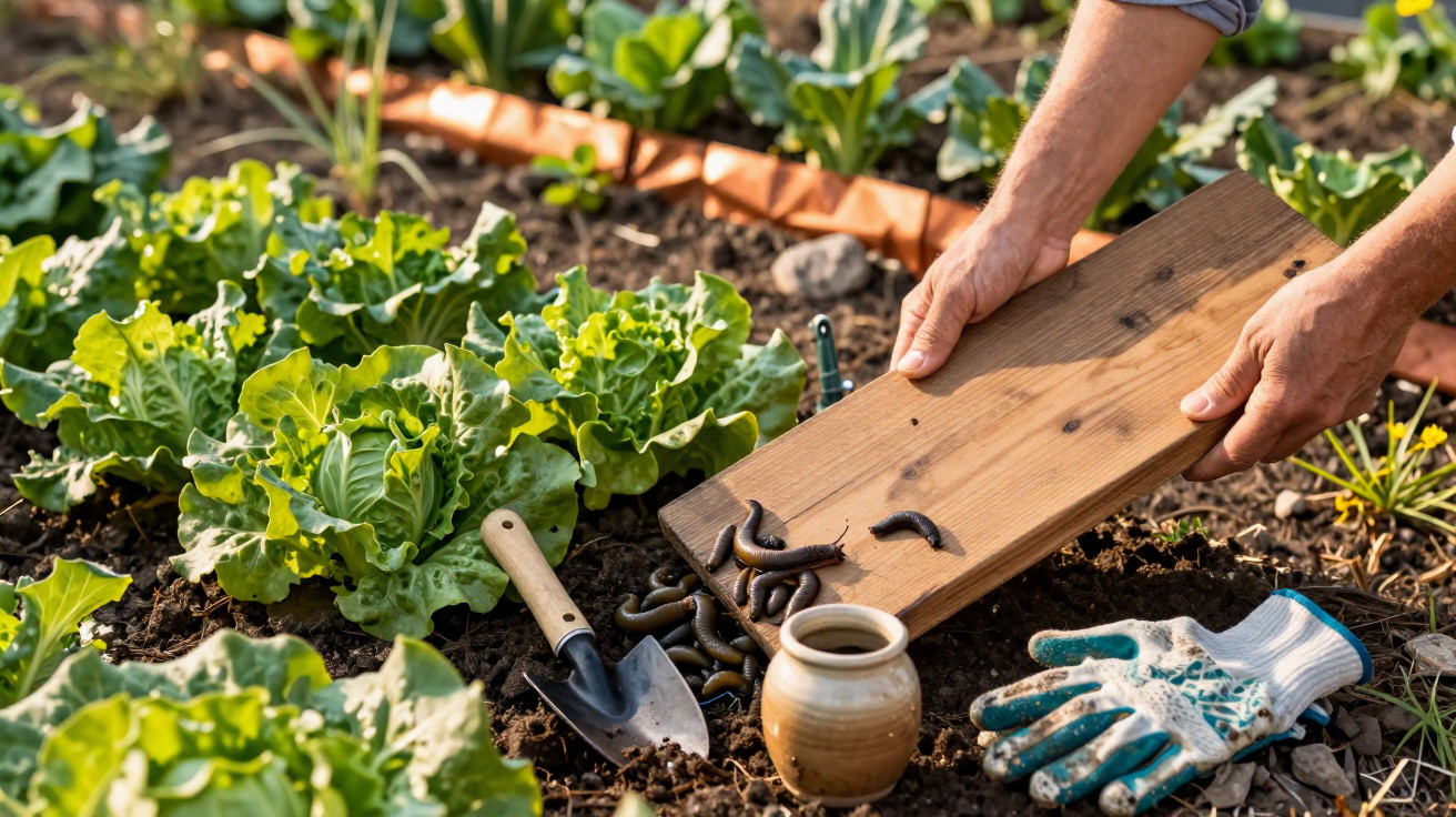 Mãos usando tábua de madeira para coletar minhocas em jardim com luva, pá e vegetais verdes.