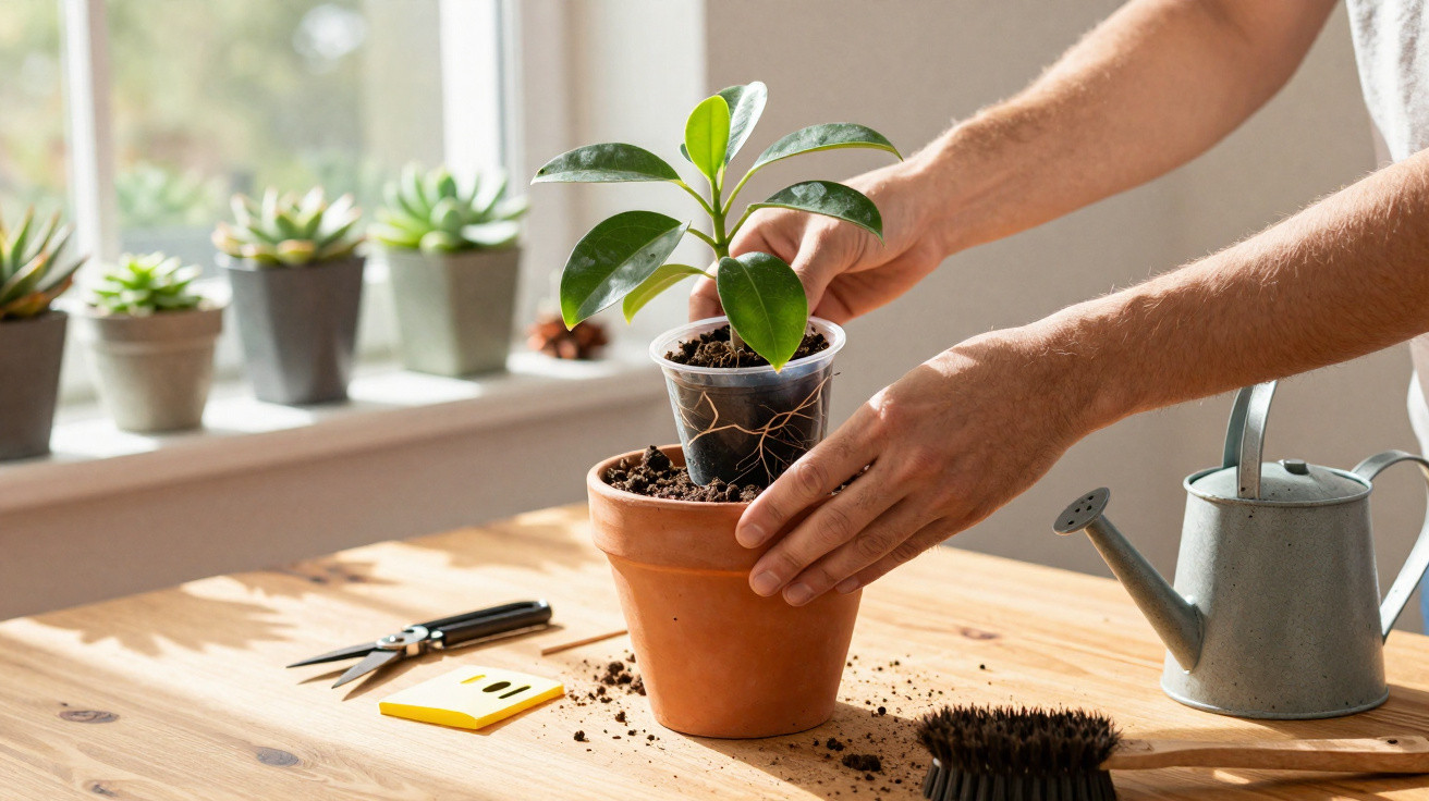 Pessoa transplantando muda de planta em vaso de plástico para vaso de barro sobre mesa de madeira.