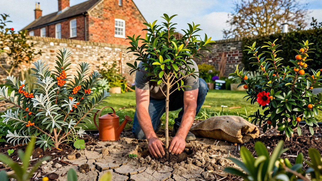Pessoa plantando muda em jardim com plantas e flores ao redor em dia ensolarado.