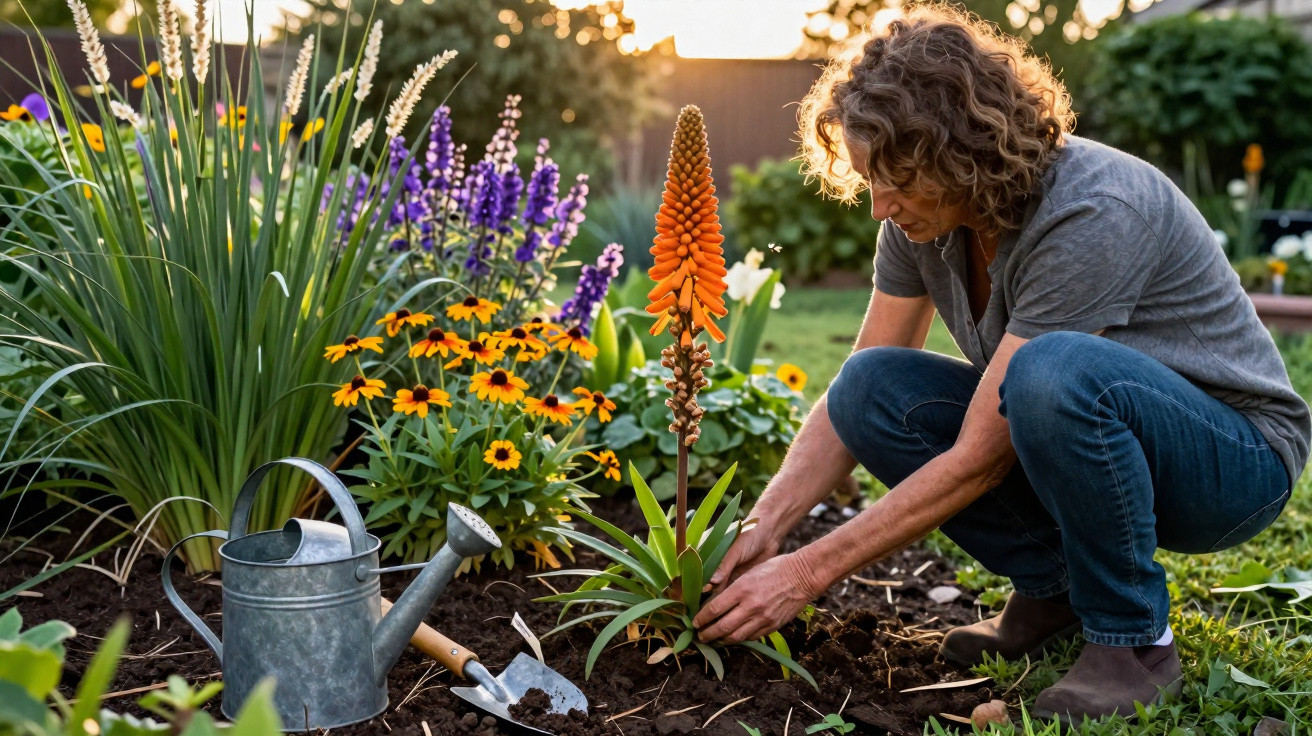 Mulher cuidando de plantas em jardim com flores coloridas ao entardecer.