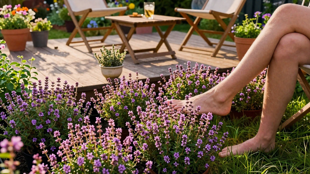 Pé descalço sobre flores roxas em jardim com móveis de madeira e vasos ao fundo em dia ensolarado.