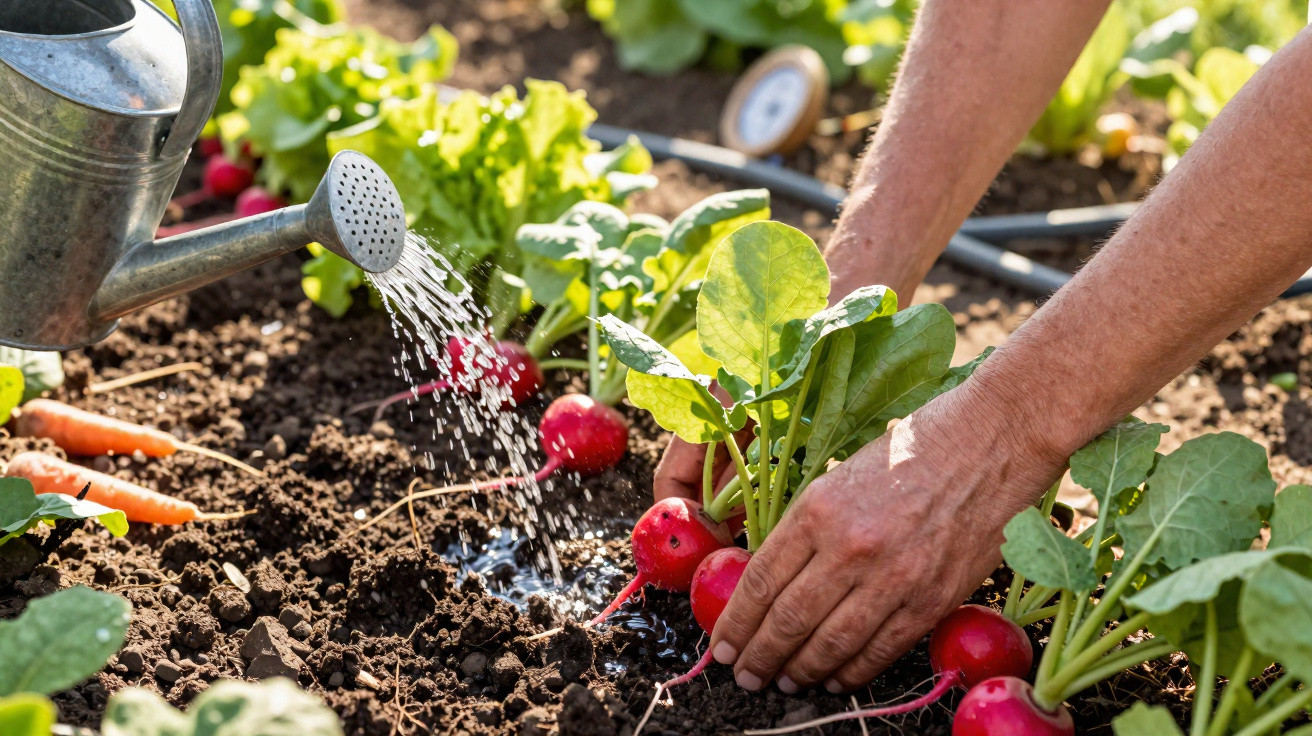 Mãos colhendo e regando rabanetes vermelhos em solo fértil em uma horta ensolarada.