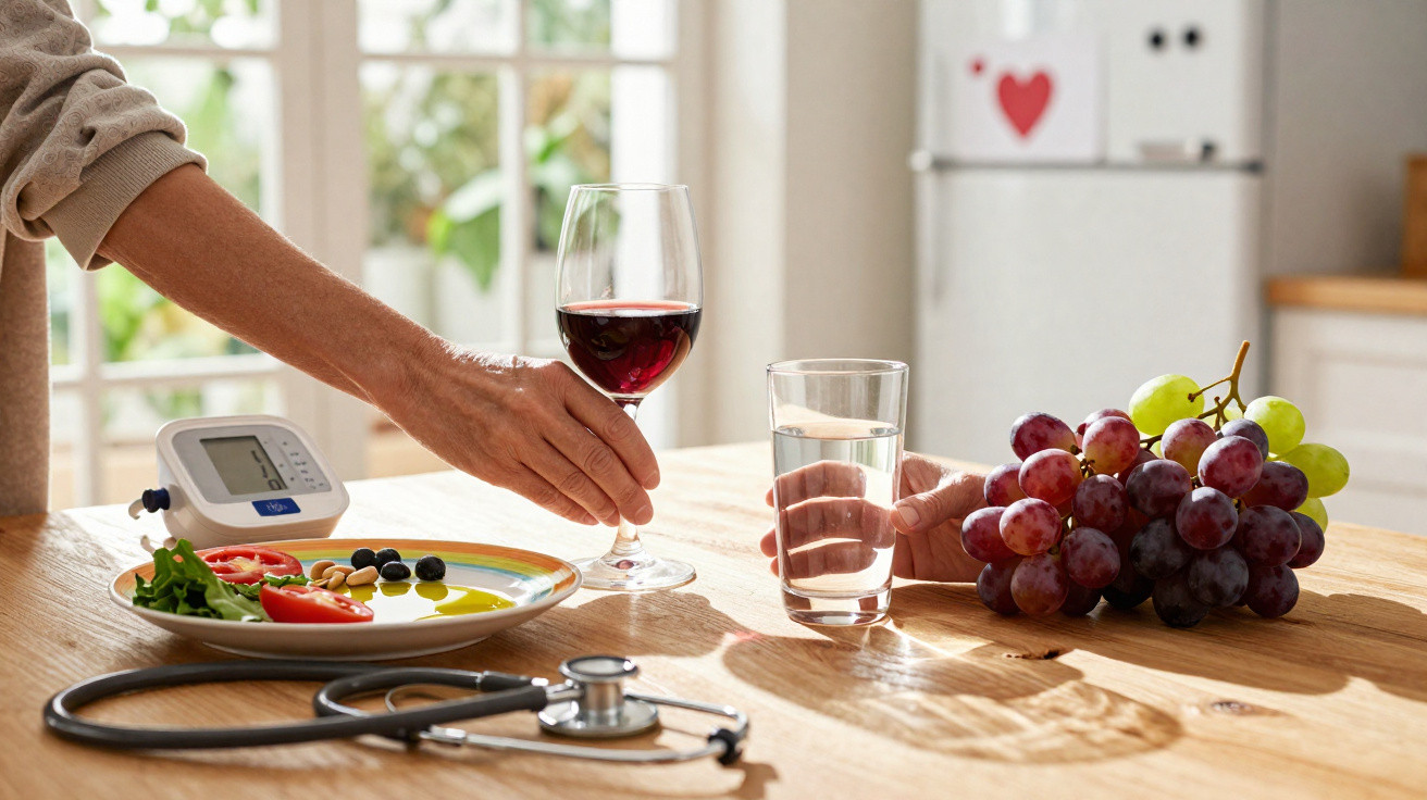 Mesa com taça de vinho, copo d'água, pratos com alimentos saudáveis, uvas e aparelho de pressão arterial.
