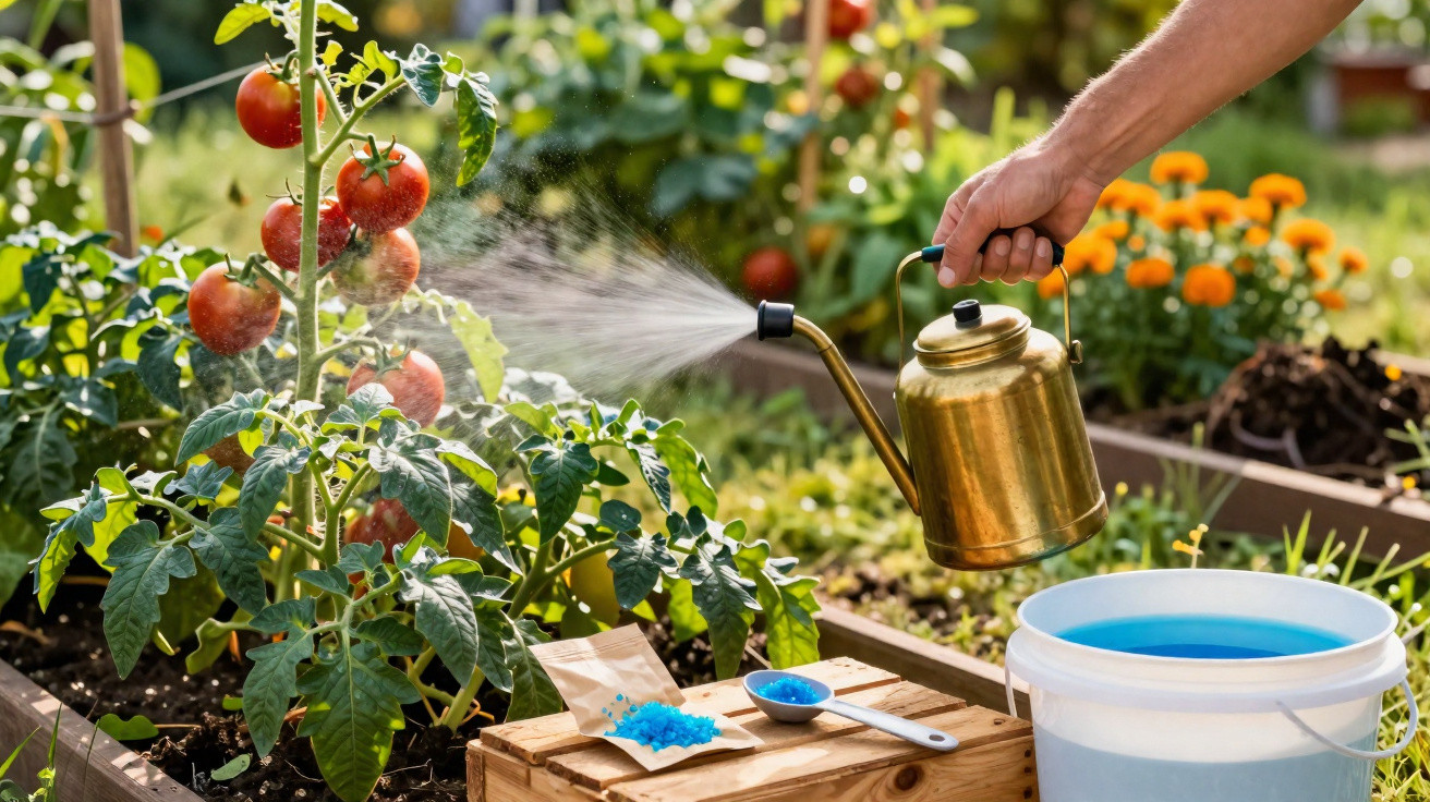 Pessoa regando planta de tomate com regador dourado em jardim com fertilizante azul ao lado.
