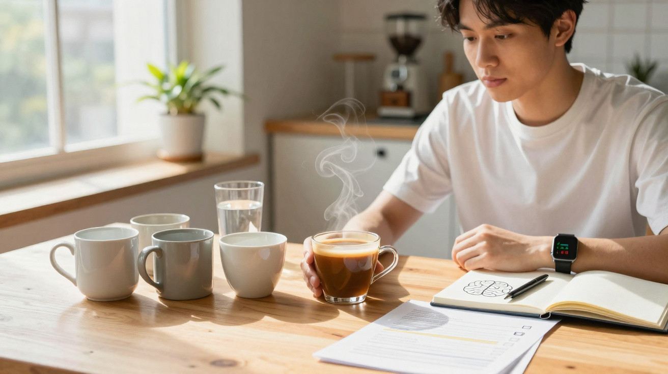 Jovem sentado à mesa segurando xícara de café fumegante com várias canecas e um caderno aberto.