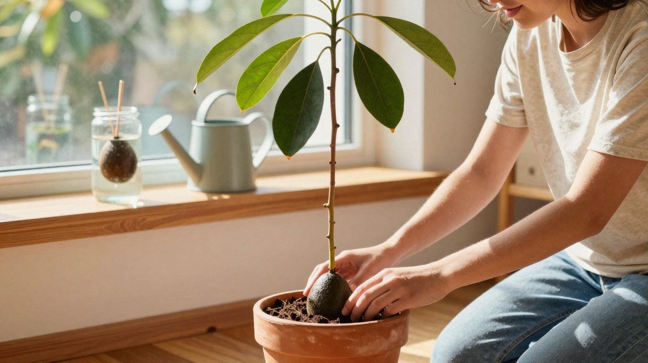Pessoa plantando muda de abacateiro em vaso de barro próximo à janela com regador ao fundo.