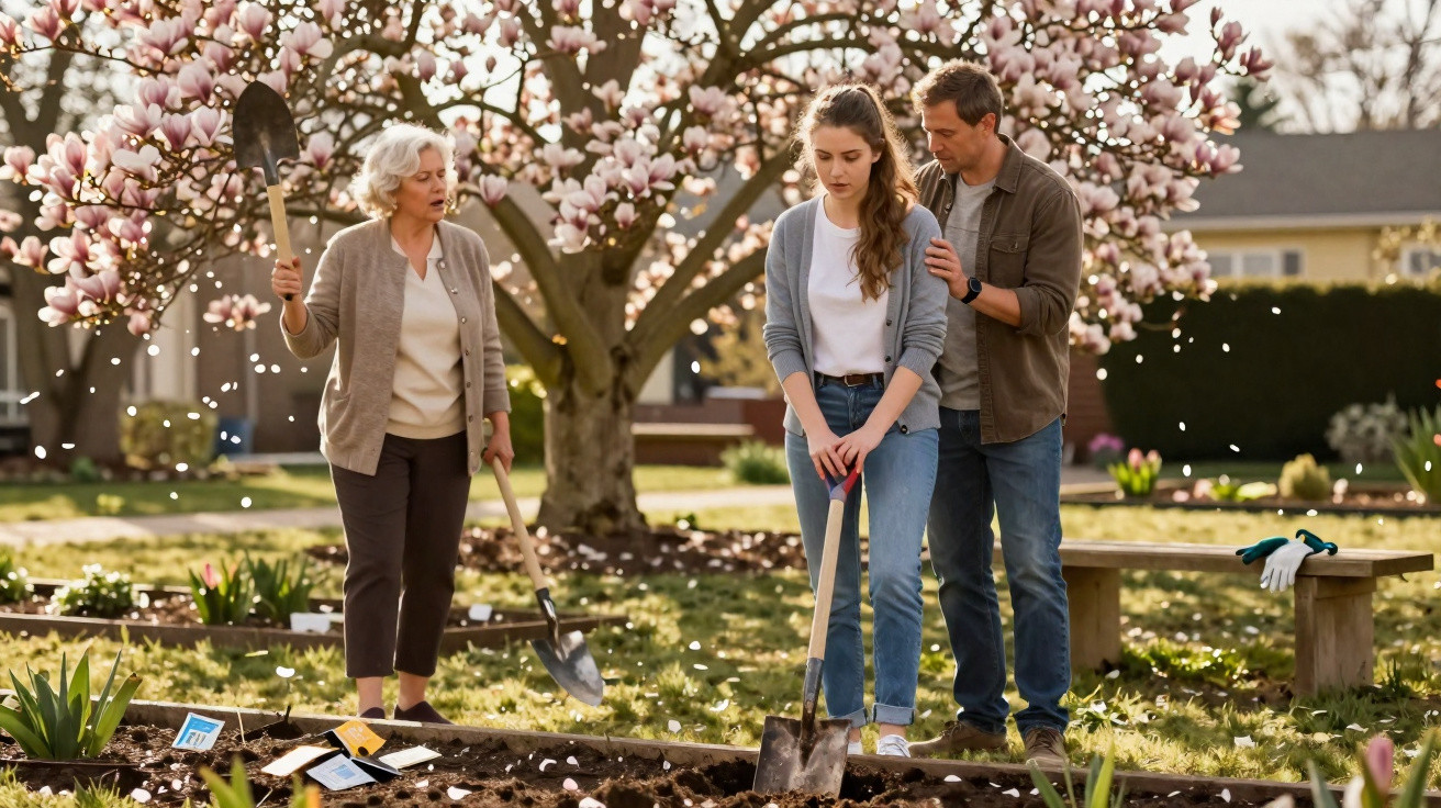 Mulher jovem cavando terra com pá, homem a apoiando e senhora idosa com pá no jardim florido.
