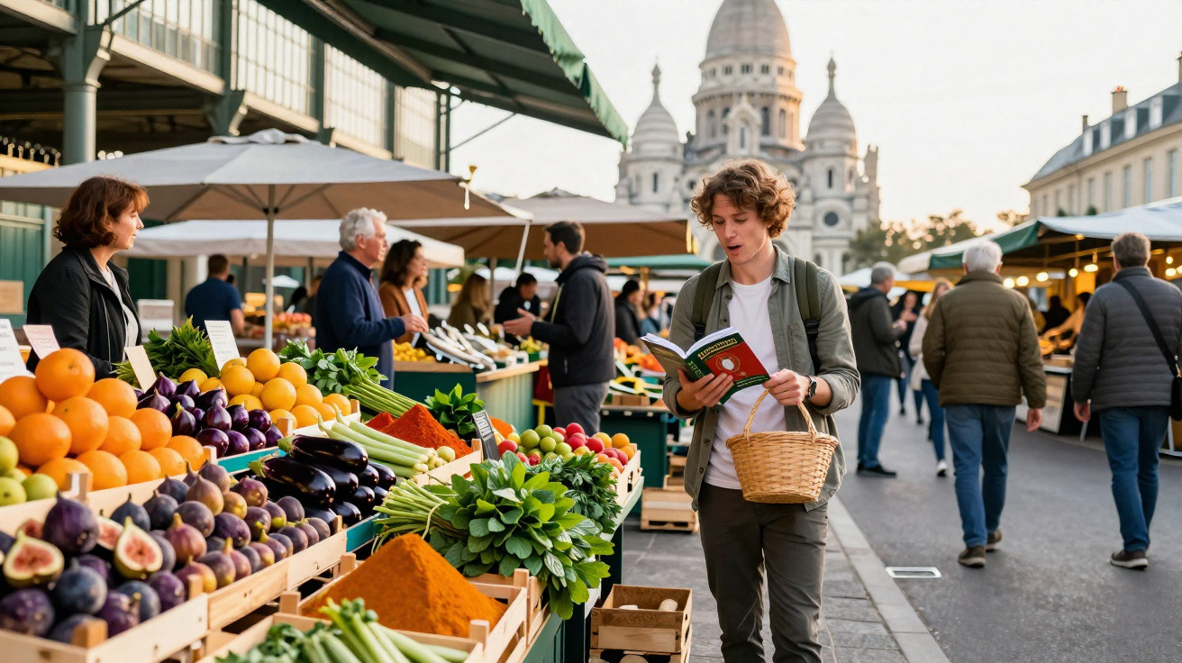Feira ao ar livre com frutas, verduras e pessoas comprando sob céu claro, com igreja ao fundo.