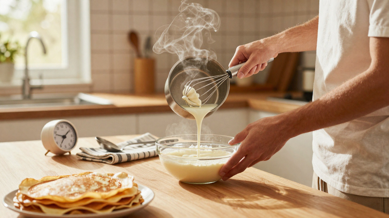 Pessoa despejando massa quente em bowl de vidro para fazer panquecas em cozinha iluminada.