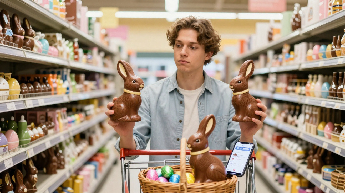 Jovem no supermercado comparando dois coelhos de chocolate, com carrinho cheio de ovos coloridos.