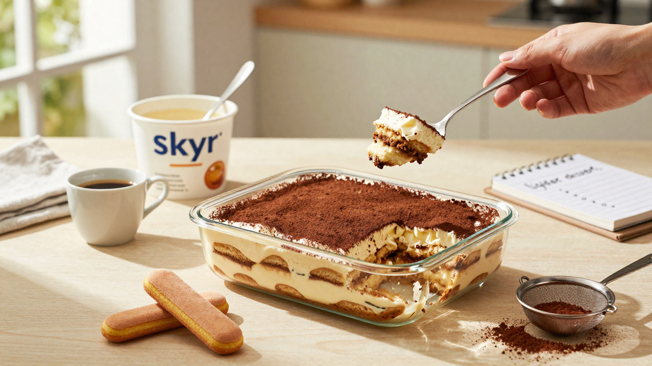 Mão segurando colher com tiramisu em travessa de vidro, ao lado de café, biscoitos e iogurte Skyr.
