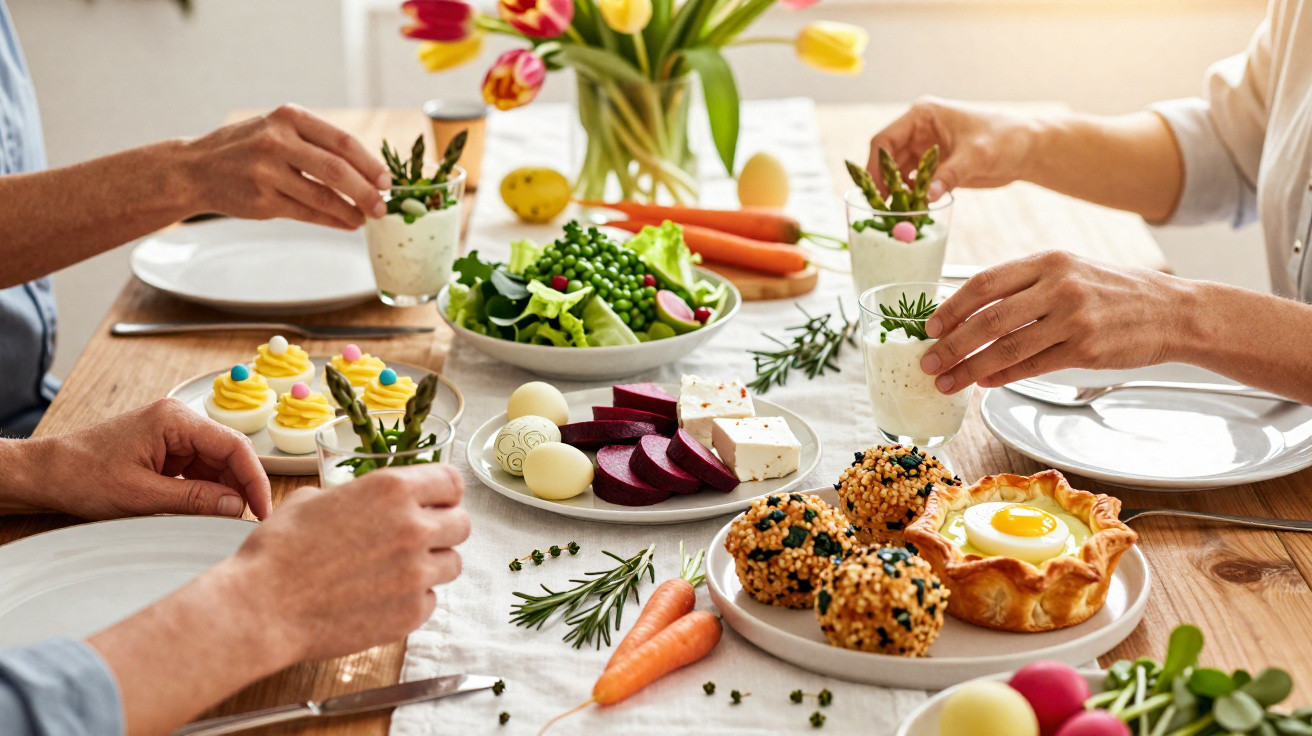 Pessoas segurando copos com aspargos em mesa com salada, ovos, legumes e pratos variados.