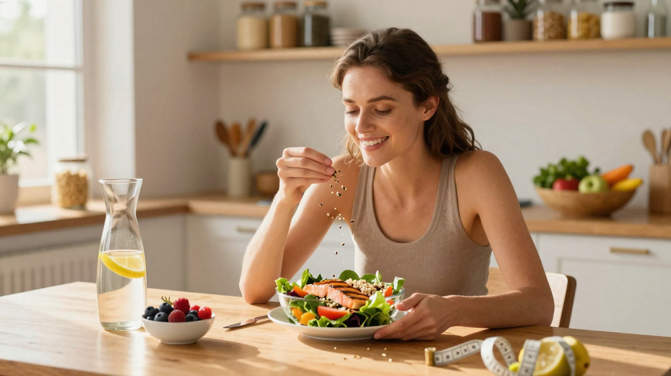Mulher sorrindo temperando salada saudável com legumes frescos em cozinha clara e moderna.