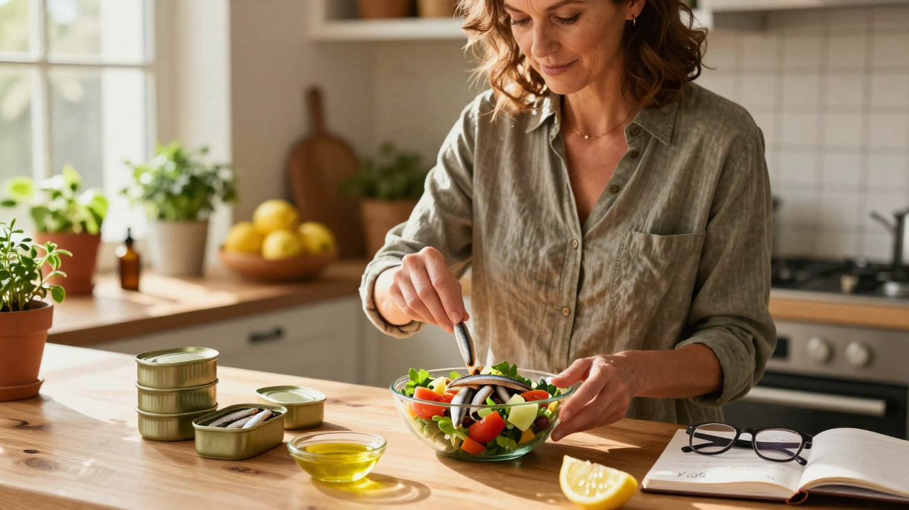 Mulher preparando salada com sardinhas em cozinha iluminada e plantas ao fundo.