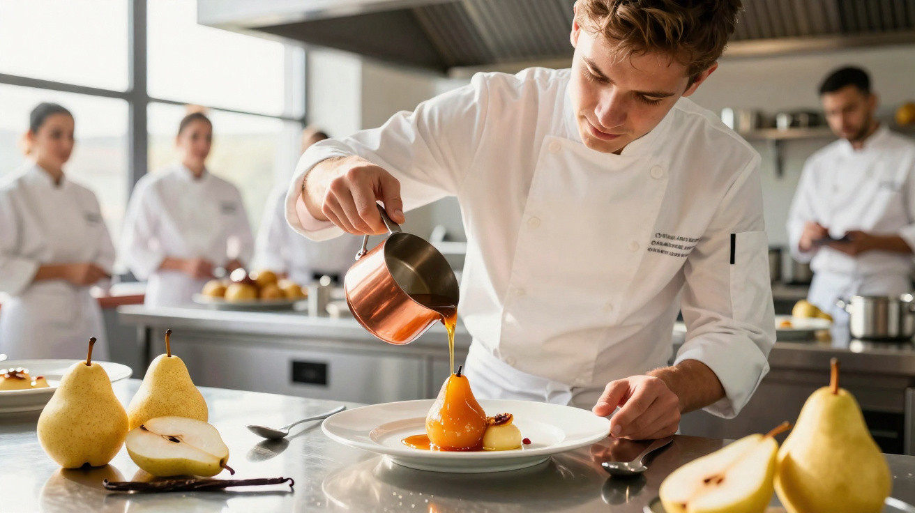 Chef jovem despejando calda sobre pera cozida em prato branco em cozinha profissional.