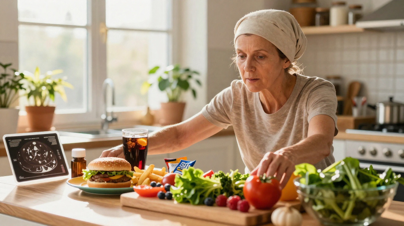 Mulher em cozinha com lenço na cabeça escolhe entre hambúrguer e batata frita ou salada e legumes frescos.