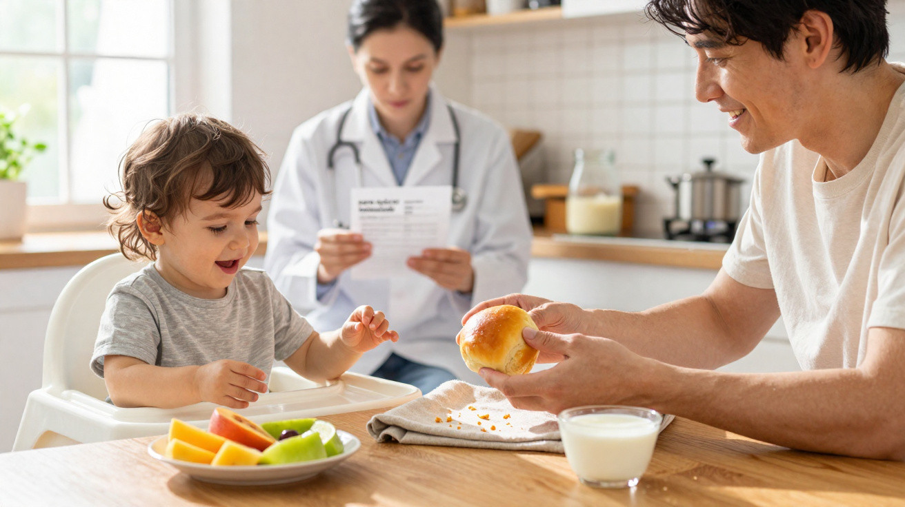 Pai alimentando criança em cadeirão com frutas e leite, médica examinando receita ao fundo.