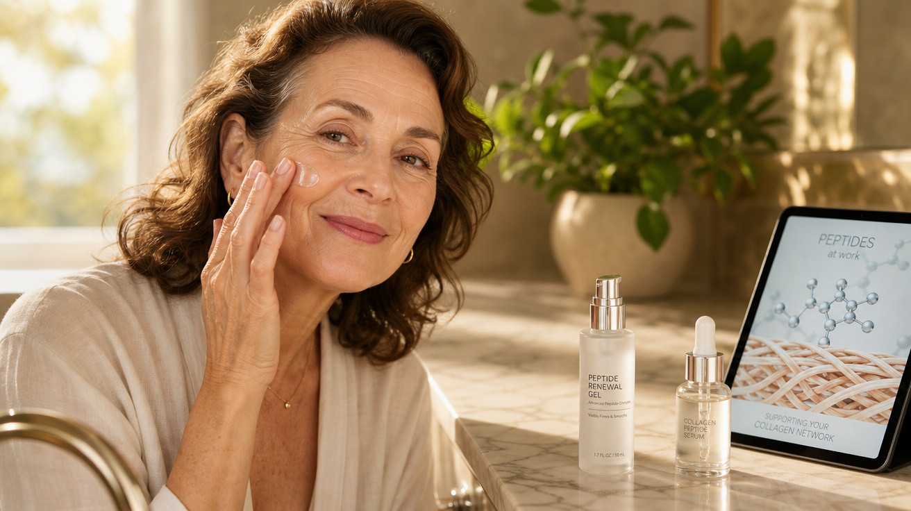 Mulher madura aplicando creme facial com frascos de produtos e tablet com fórmula de peptídeos na bancada.